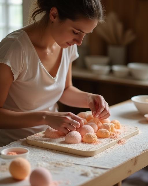 Artisan Mei Lin carefully crafting handmade AuraBloom bath bombs in her Taiwan studio